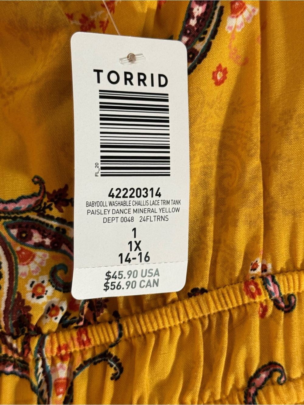 NWT Torrid Paisley Dance Mineral Yellow Babydoll Tank Top Size 1X (14/16) - Picture 5 of 5
